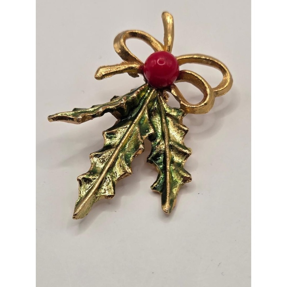 Vintage Holly Leaf Christmas Brooch Green Enamel Gold Bow Red Berry Pin